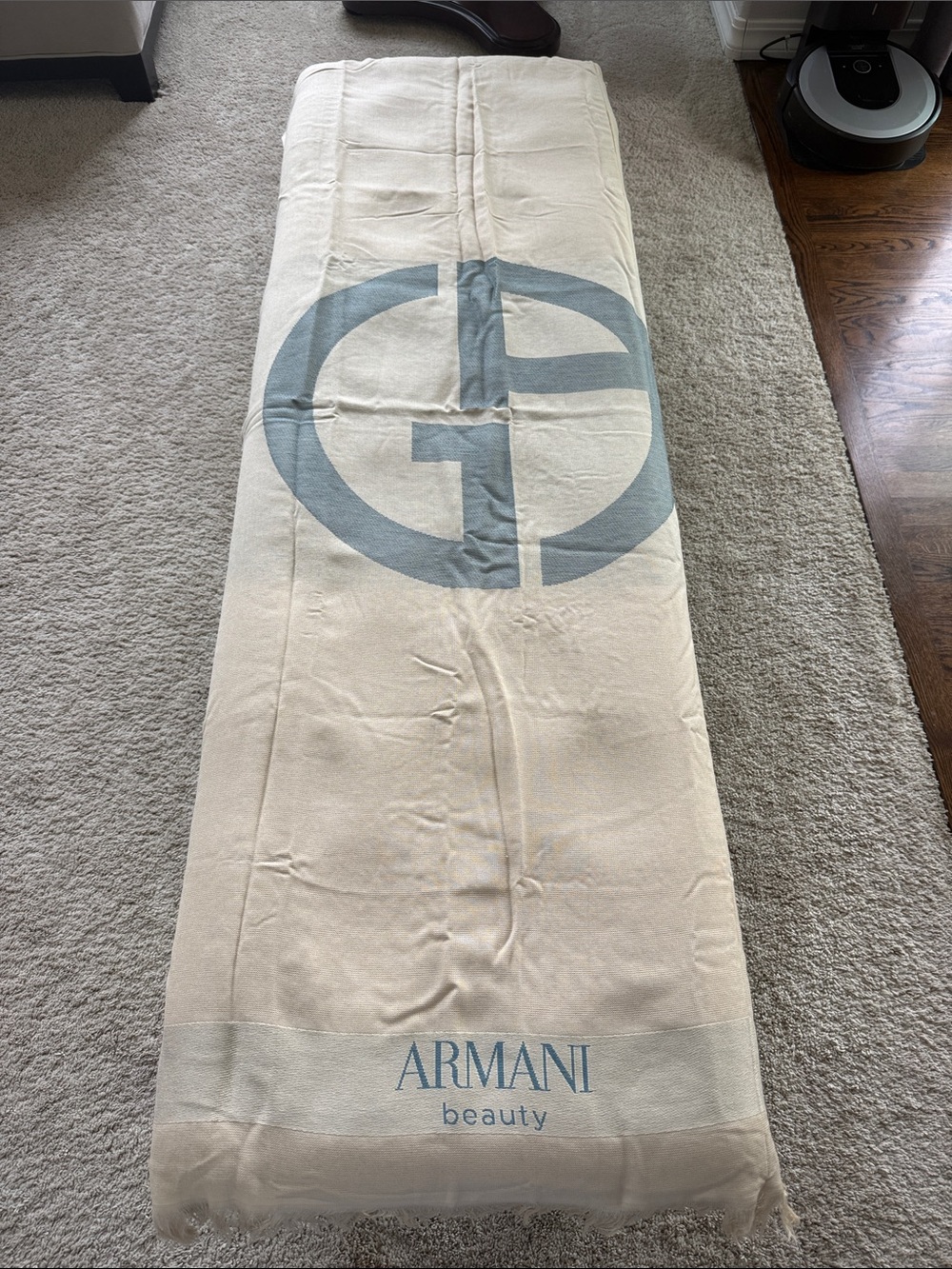 Giorgio Armani Cream Beach Towel with Blue Logo